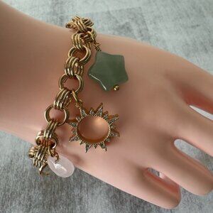 Luna Norte Toggle Brass Bracelet Gold Color w Jade & Mother of Pearl Charms